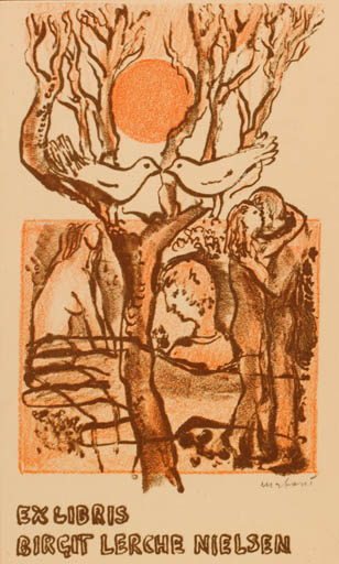 Exlibris by Miroslav Matous from Czechoslovakia for Birgit Lerche Nielsen - Bird Couple Romance Sun Tree 