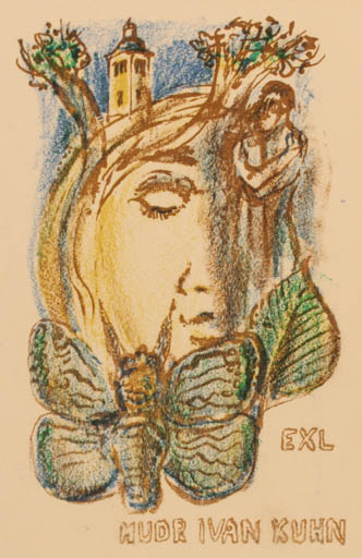 Exlibris by Miroslav Matous from Czechoslovakia for Mudr. Ivan Kuhn - Portrait Romance Butterfly 