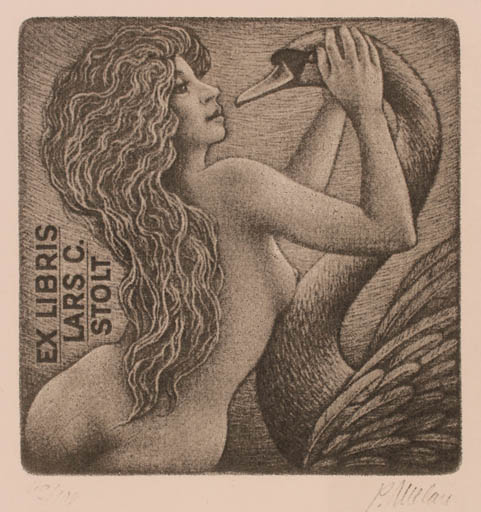 Exlibris by Petr Melan from Czechoslovakia for Lars C. Stolt - Leda and the Swan 