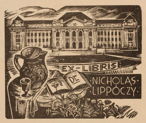 Exlibris by Jozsef Menyhart from Czechoslovakia for Dr. Nicholas Lippoczy - Book Castle/Palace Flora 