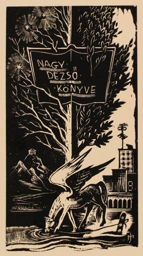 Exlibris by Jozsef Menyhart from Czechoslovakia for Dezsö Nagy - Mountain City Pegasus Tree 