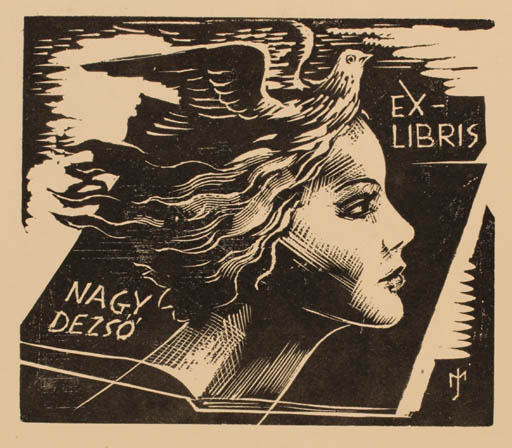 Exlibris by Jozsef Menyhart from Czechoslovakia for Dezsö Nagy - Book Bird Woman Portrait 