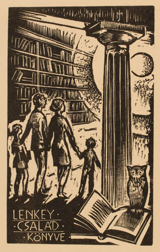 Exlibris by Jozsef Menyhart from Czechoslovakia for Lenkey Család - Book Interior Group Owl 