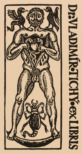 Exlibris by Zdenek Mezl from Czechoslovakia for Vladimir Tichy - Fable Animal Man Insect 