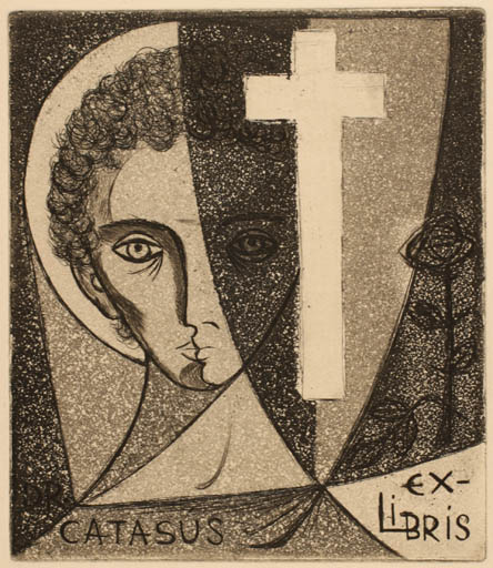 Exlibris by Rosario Agell from Spain for Dr. Joan Catasús - Man Portrait Religion 