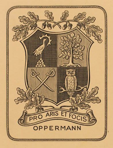 Exlibris by Inga Nicolin from Denmark for ? Oppermann - Bird Heraldry Tree Owl Weapon 