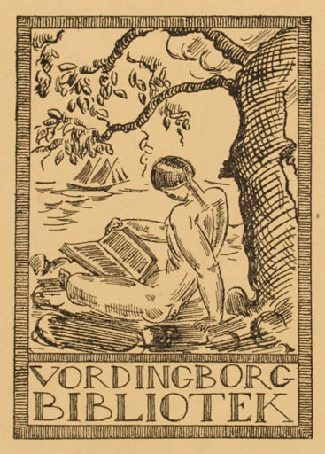 Exlibris by Helge Jensen from Denmark for ? Vordingborg Bibliotek - Book Man Maritime Ship/Boat Tree 