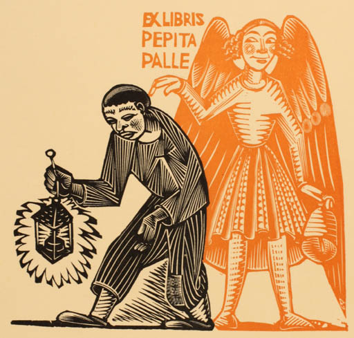 Exlibris by Antoni Gelabert from Spain for Pepita Palle - Angel Fairytale/fable Man 