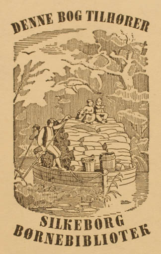 Exlibris by Johannes Flor from Denmark for Silkeborg Børnebibliotek - Child Man Ship/Boat 