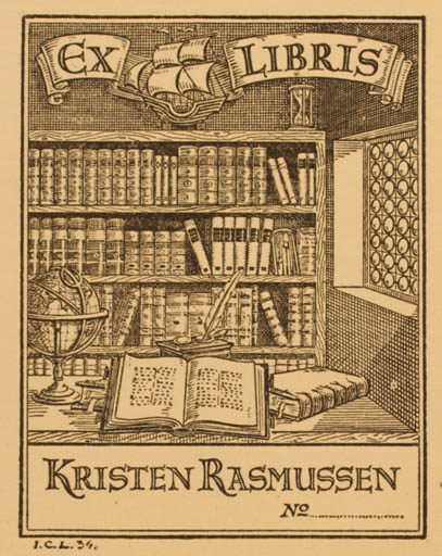 Exlibris by ? I.C.L. from Denmark for Kristen Rasmussen - Book Interior Globe 