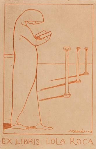 Exlibris by Juan Genoves from Spain for Lola Roca - Classical antiquity Book Woman 
