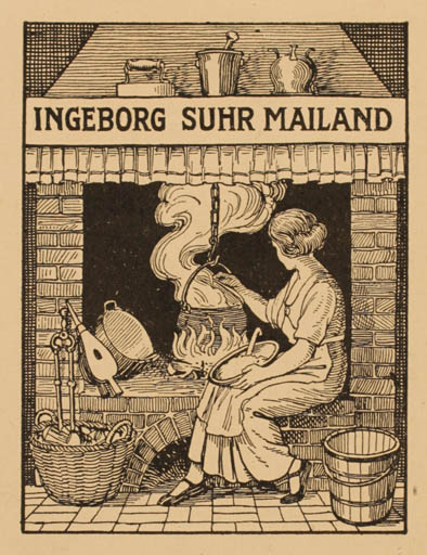 Exlibris by Jens Peter Bie from Denmark for Ingeborg Mailand Suhr - Interior Woman Food 
