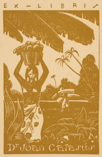 Exlibris by Angel Mendez from Spain for Dr. Joan Catasús - Working Flora Woman Palm tree 