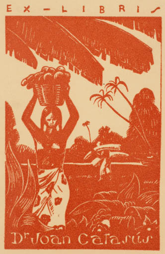 Exlibris by Angel Mendez from Spain for Dr. Joan Catasús - Working Flora Woman Palm tree 