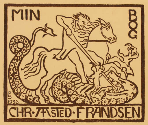 Exlibris by P Skovgaard from Denmark for Chr. Aasted Frandsen - Horseman/Rider Sct.G. and the Dragon 