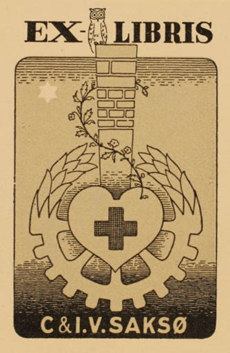 Exlibris by Knud Hansen from Denmark for C.& I.V. Saksø - Working Owl 