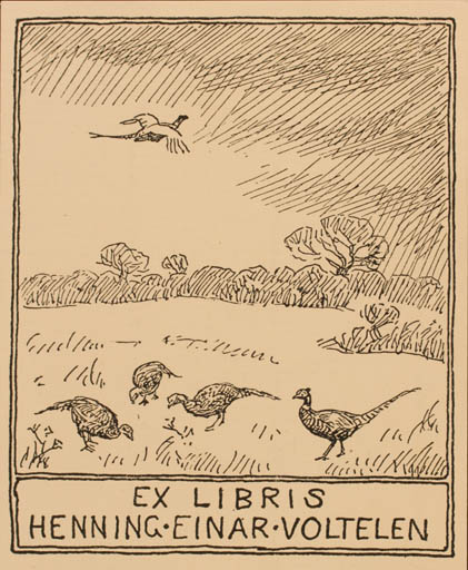 Exlibris by Johannes Larsen from Denmark for Henning Einar Voltelen - Bird Scenery/Landscape 