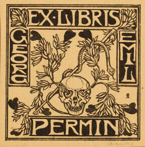 Exlibris by Gudmund Hentze from Denmark for Georg Emil Permin - Death 