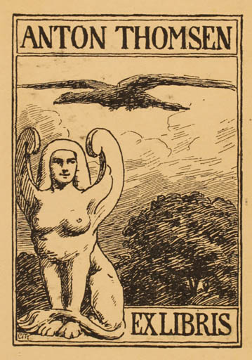Exlibris by Carl Thomsen from Denmark for Anton Thomsen - Fable Animal Bird Tree 