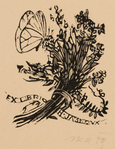 Exlibris by Jiri Jaska from Czechoslovakia for H Jaskova - Flower Butterfly 