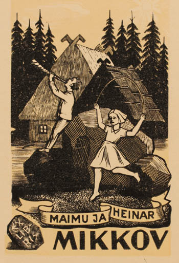 Exlibris by Ernst Kollom from Estonia for Maimu ja Heinar Mikkov - Architecture Child Forest 