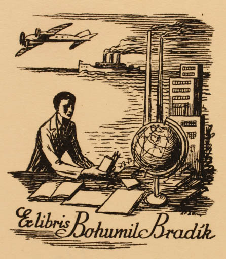 Exlibris by Petr Dillinger from Czech Republic for Bohumil Bradik - Book Aircraft Globe Man Ship/Boat 