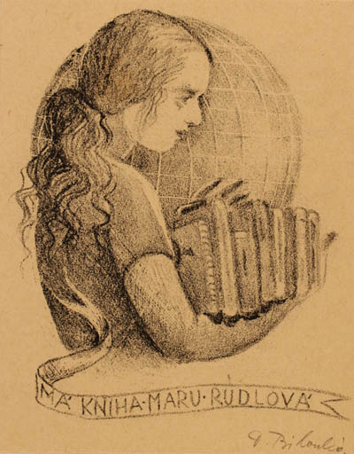 Exlibris by Dobroslava Bilovska from Czechoslovakia for Maru Rudlova - Book Globe Woman 