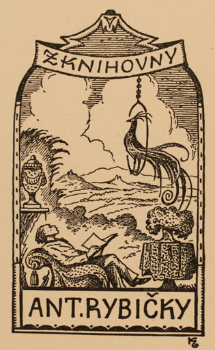 Exlibris by Jan Konüpek from Czechoslovakia for Ant Rybicky - Bird Scenery/Landscape Man 