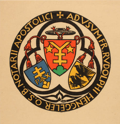 Exlibris by Jacques Buser Kobler from Schwitzerland for Fr. Rudolph Henggeler - Heraldry 