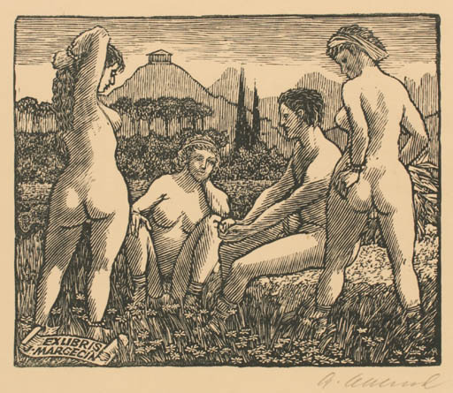 Exlibris by Ant Odehnal from Czechoslovakia for Josef Margecin - Classical antiquity Mountain Woman Scenery/Landscape Mythology Nude 