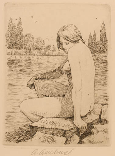 Exlibris by Ant Odehnal from Czechoslovakia for ? J.M. - Woman Scenery/Landscape Nude 