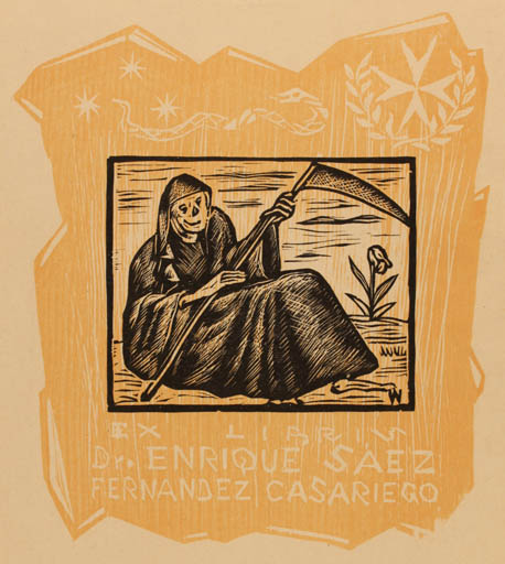 Exlibris by Remo Wolf from Spain for Dr. Enrique Saez Fernadez Casariego - Death 