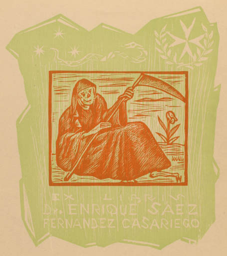 Exlibris by Remo Wolf from Spain for Dr. Enrique Saez Fernadez Casariego - Death 