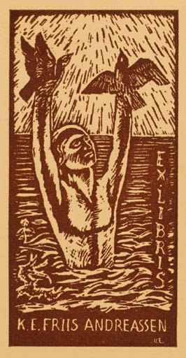 Exlibris by Poul Egebæk from Denmark for K.E. Friis Andreassen - Bird Man 