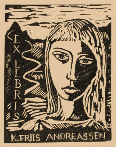 Exlibris by Poul Egebæk from Denmark for K.E. Friis Andreassen - Woman Portrait 