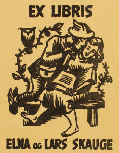 Exlibris by L Skauge from Norway for Elna og Lars Skauge - Book Hermes Couple Romance Owl 