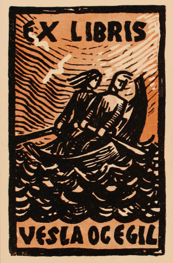 Exlibris by Christen Halle from Norway for ? Vesla og Egil - Maritime Couple Ship/Boat 