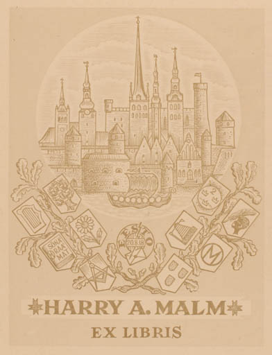 Exlibris by Johann Naha from Germany for Harry A. Malm - Castle/Palace Heraldry 