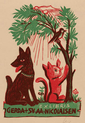 Exlibris by Herbert S. Ott from Germany for Gerda og Sv. Aa. Nicolaisen - Dog Cat Tree 