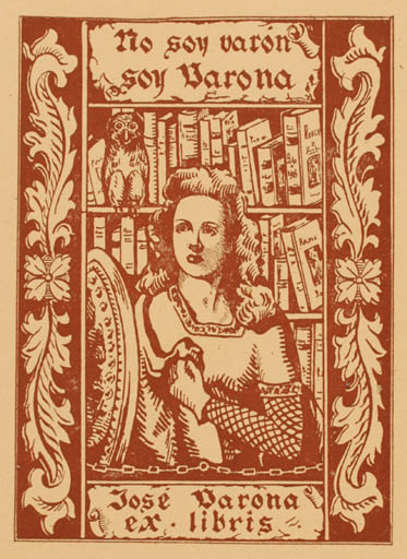 Exlibris by José Varona Santillán from Spain for José Varona - Book Woman Owl 