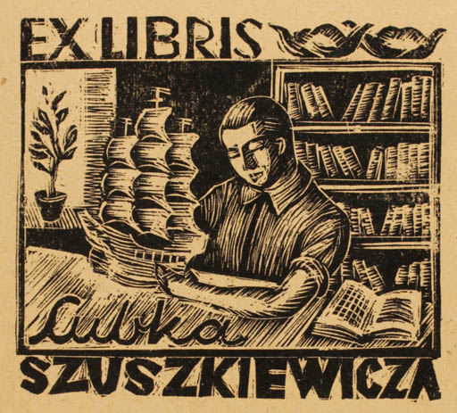 Exlibris by Jozef Szuszkiewicz from Poland for Lubka Szuszkiewicza - Book Interior Man Ship/Boat 