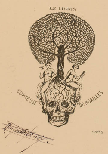 Exlibris by Raymond Frevost from France for ? Comtesse De Noailles - Death Couple Tree 