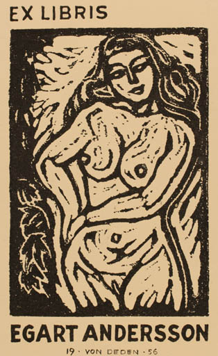 Exlibris by Erik Brønsdorff von Deden from Denmark for Egart Andersson - Woman Nude 