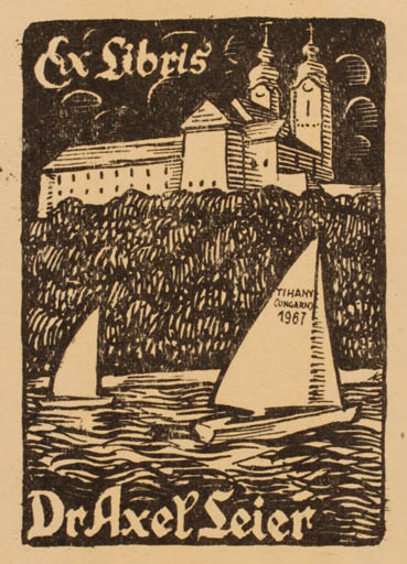 Exlibris by Jenö Kertes-Kollmann from Hungary for Dr. Axel Leier - Castle/Palace Ship/Boat 