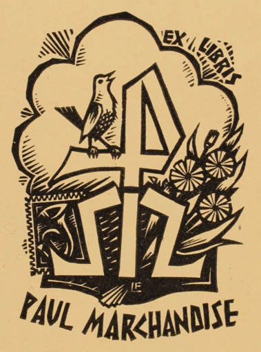 Exlibris by Frans Lasure from Belgium for Paul Marchandise - Bird 