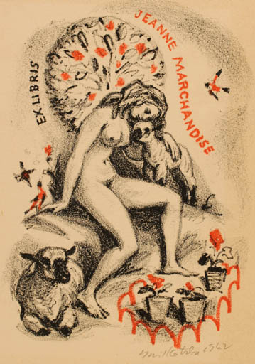 Exlibris by Emil Kotrba from Czechoslovakia for Jeanne Marchandise - Fauna Woman Nude 