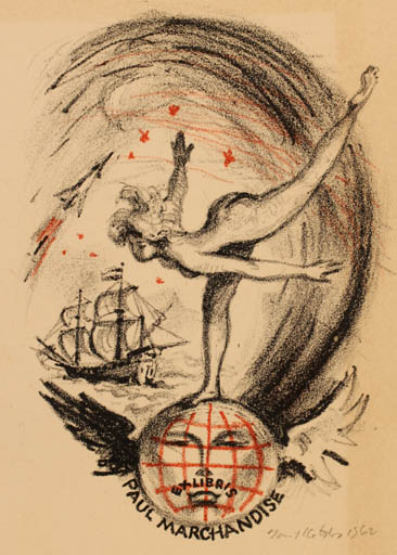 Exlibris by Emil Kotrba from Czechoslovakia for Paul Marchandise - Globe Woman Nude Ship/Boat 