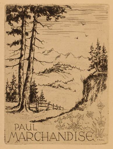 Exlibris by Fritz Bötel from Germany for Paul Marchandise - Mountain Scenery/Landscape Tree 