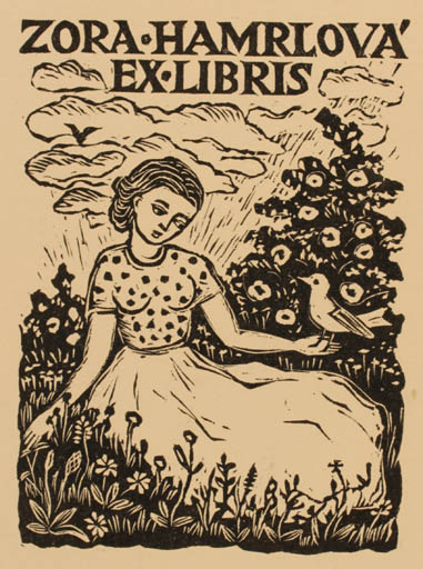 Exlibris by Michal Florian from Czechoslovakia for Zora Hamrlova - Flora Bird Woman 