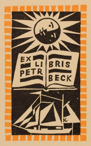 Exlibris by Ladislav J. Kaspar from Czechoslovakia for Petr Beck - Ship/Boat Sun 